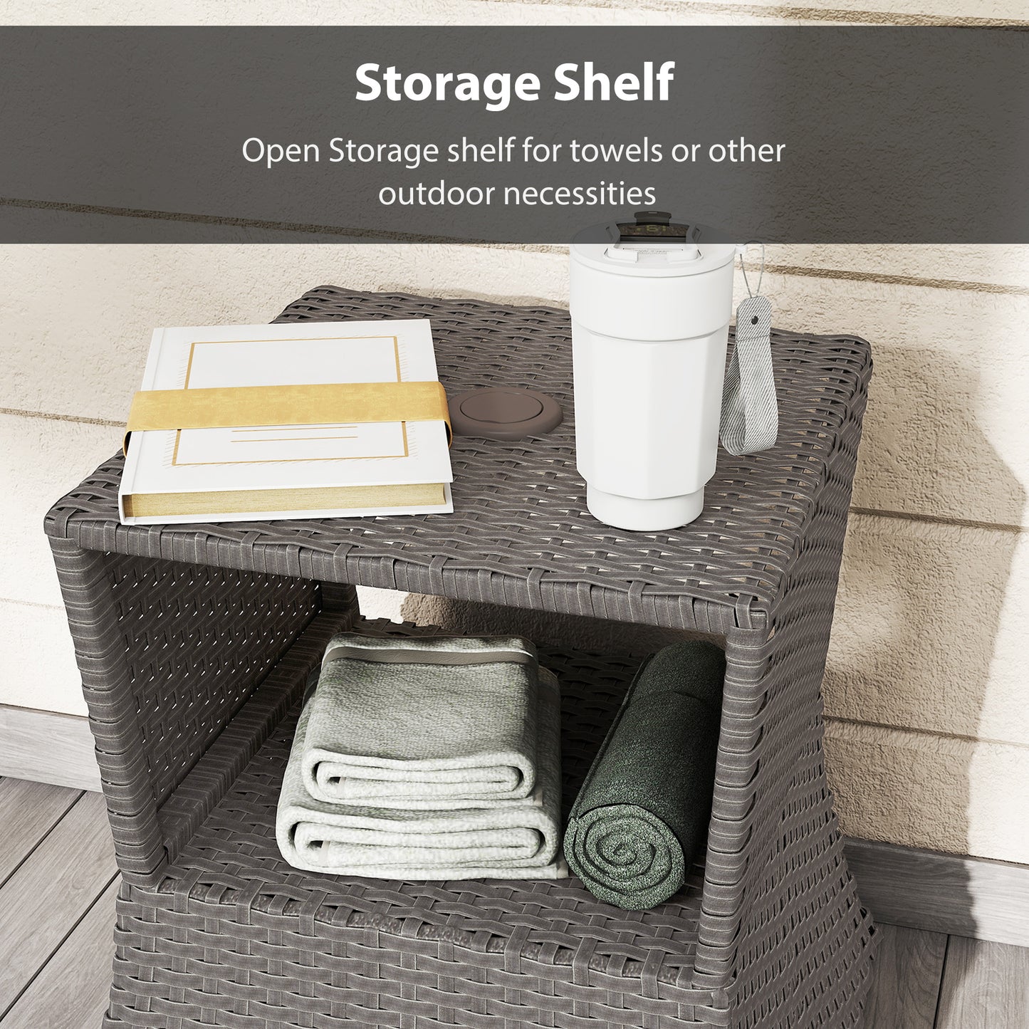 Rattan Outdoor Coffee Table, Wicker Garden Patio Bistro Side Table with Umbrella Hole and Storage Space, Dark Grey