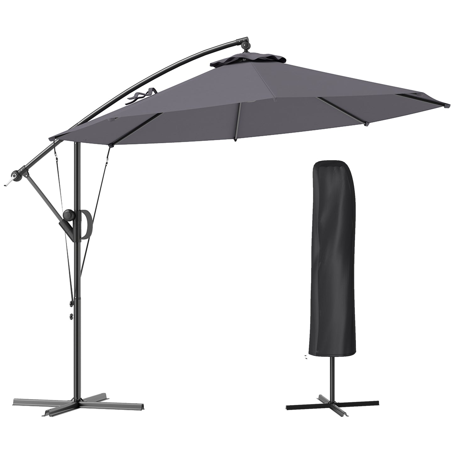 3(m) Garden Cantilever Parasol with Cover and Wind Protection Strap, Round Overhanging Umbrella with Crank Handle and Tilt