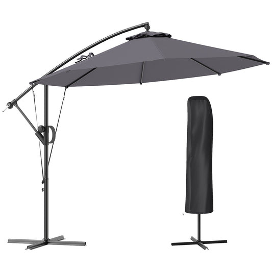 3(m) Garden Cantilever Parasol with Cover and Wind Protection Strap, Round Overhanging Umbrella with Crank Handle and Tilt