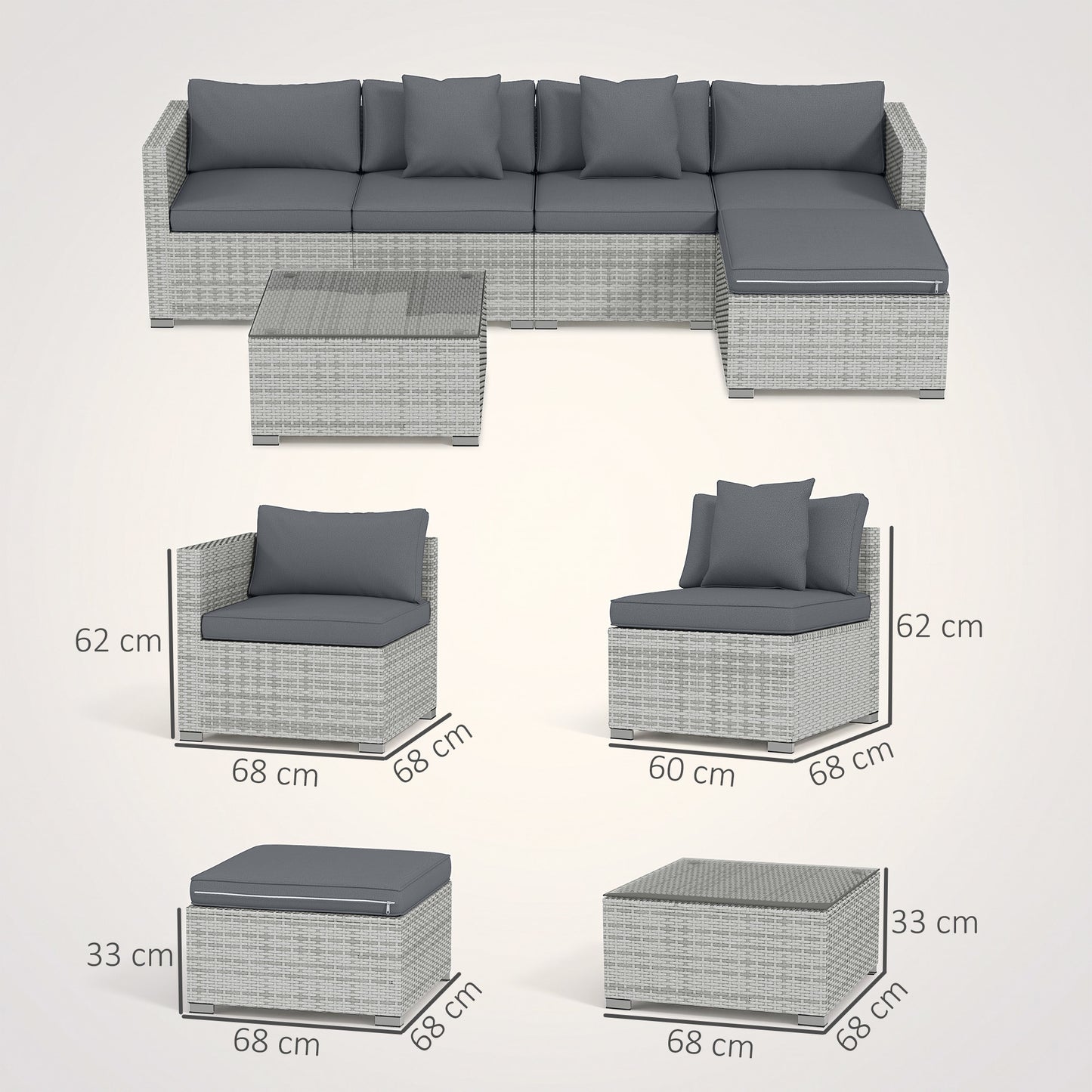 6 Pieces Rattan Corner Sofa Set - Mixed Grey