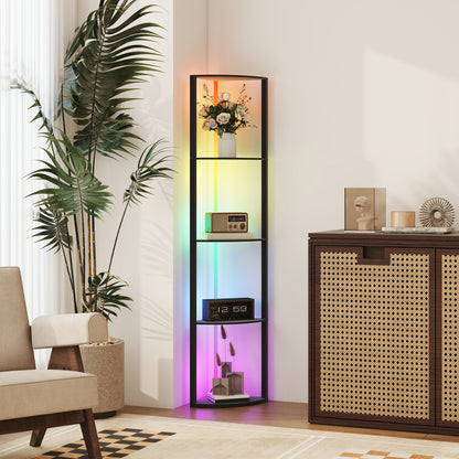 RGB LED Floor Lamp with Shelves, 4-Tier Dimmable Standing Lamp with Remote Control, Black