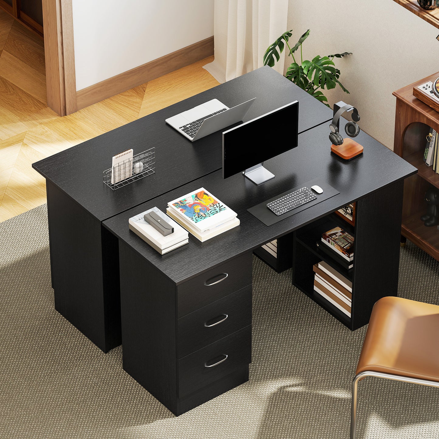 Computer Desk with Drawers, Home Office Desk, Writing Table, PC Workstation with 3 Storage Shelves for Working, Study