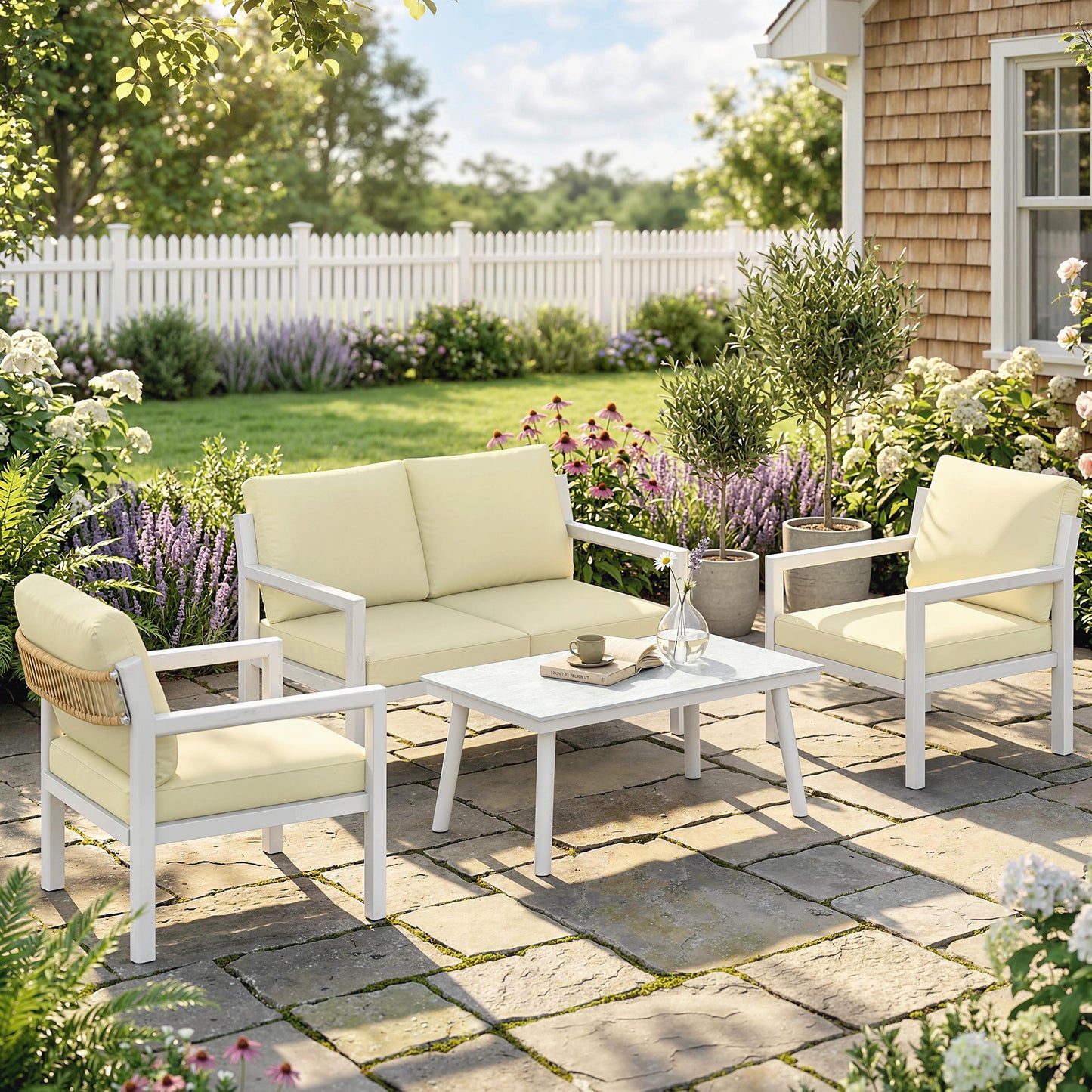 4 Seater Rattan Garden Furniture Set with 2 Armchairs, Loveseat, Coffee Table, Garden Sofa Set with Cushions, Beige