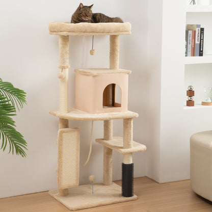 132cm Cat Tree w/ Scratching Posts, Pad, Cat Bed, Cat House, Jumping Platform, Grooming Brush, Anti-Tip Kit, Beige