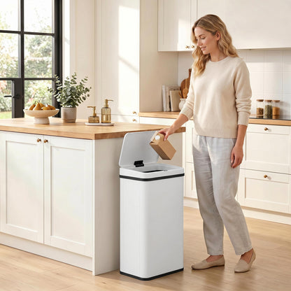 50L Sensor Bin with Soft-Close Lid, Stainless Steel Automatic Touchless Motion Sensor Kitchen Bin, White