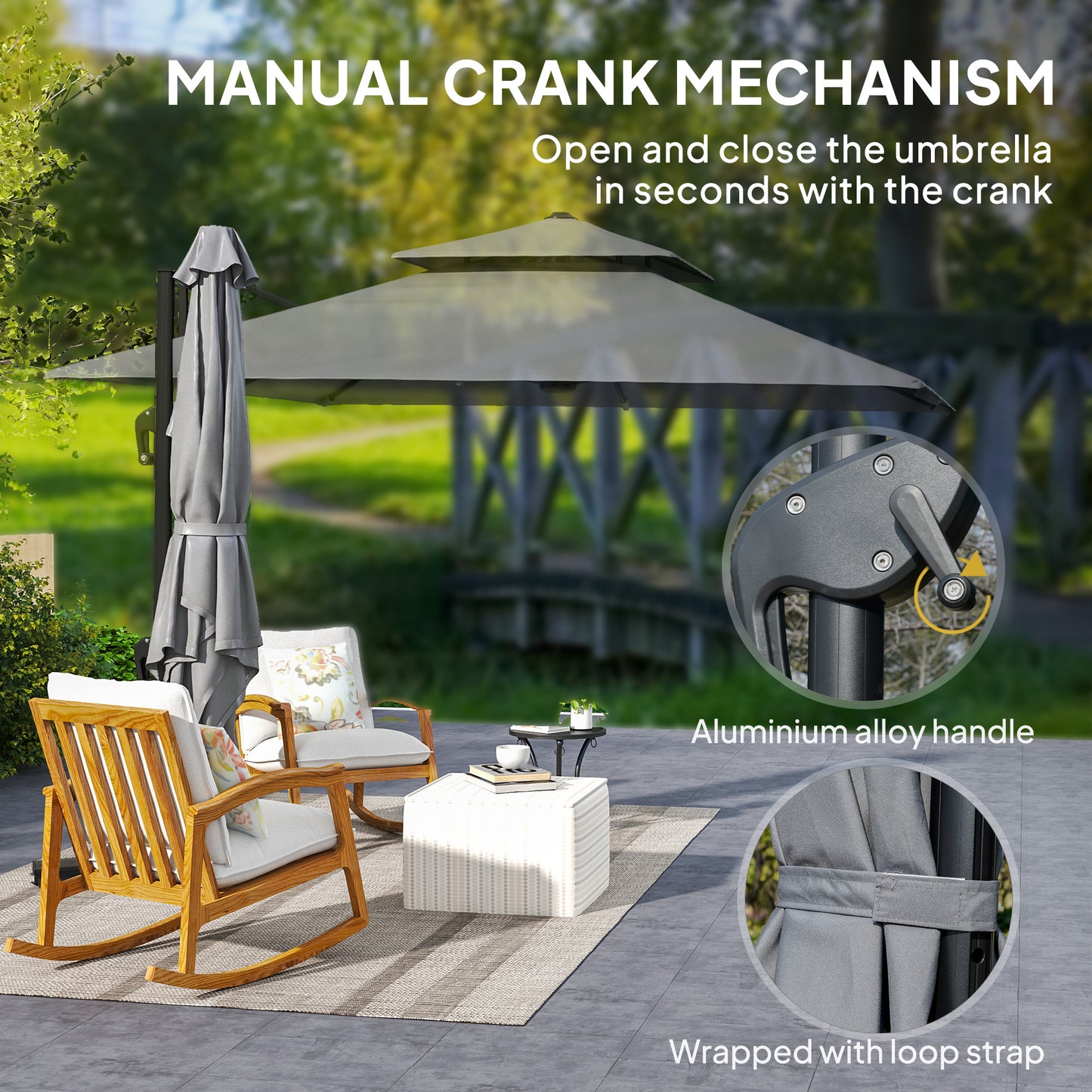 3 x 3(m) Cantilever Parasol with Aluminium Frame, Crank and Tilt, 360-Degree Rotation, Double Top Garden Umbrella
