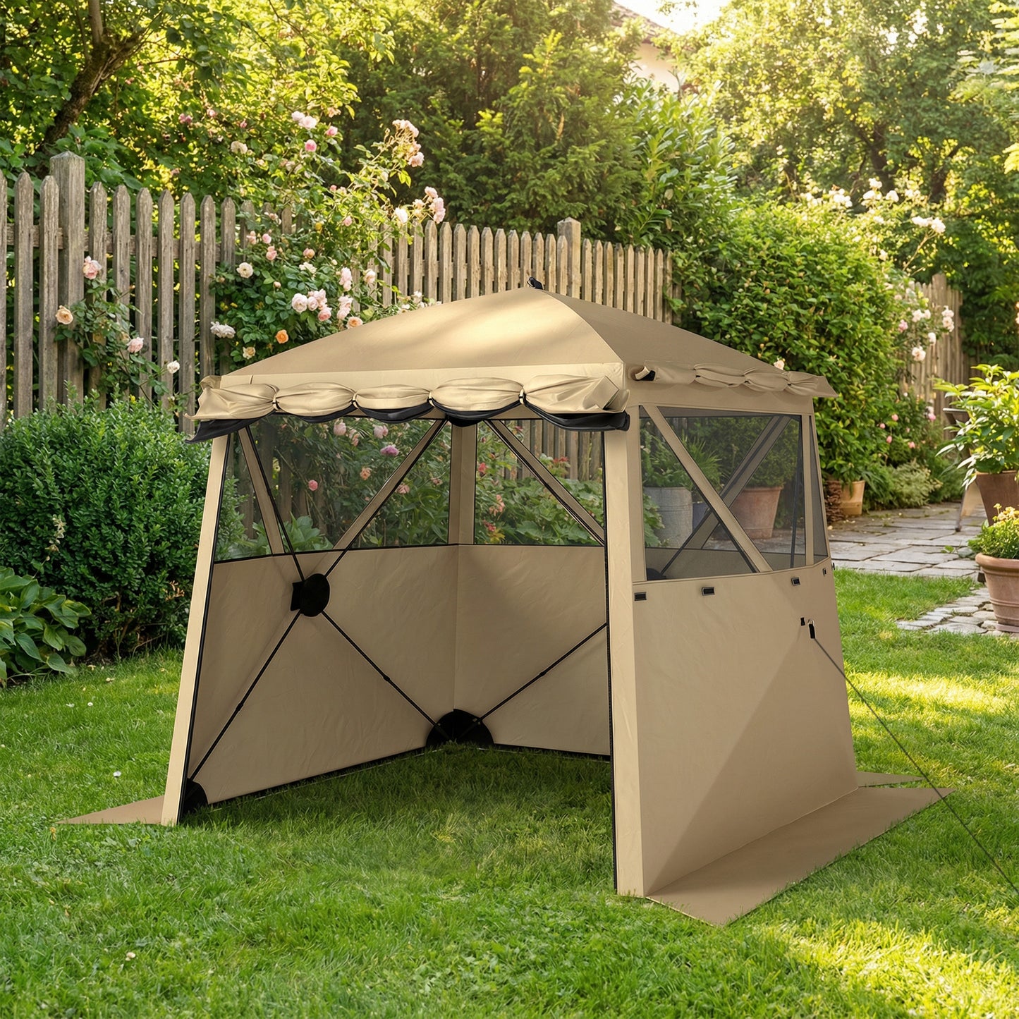 Pop Up Gazebo Waterproof Instant Shelter with Awning Mesh Windows for Camping Patio 2 x 2 m, Khaki