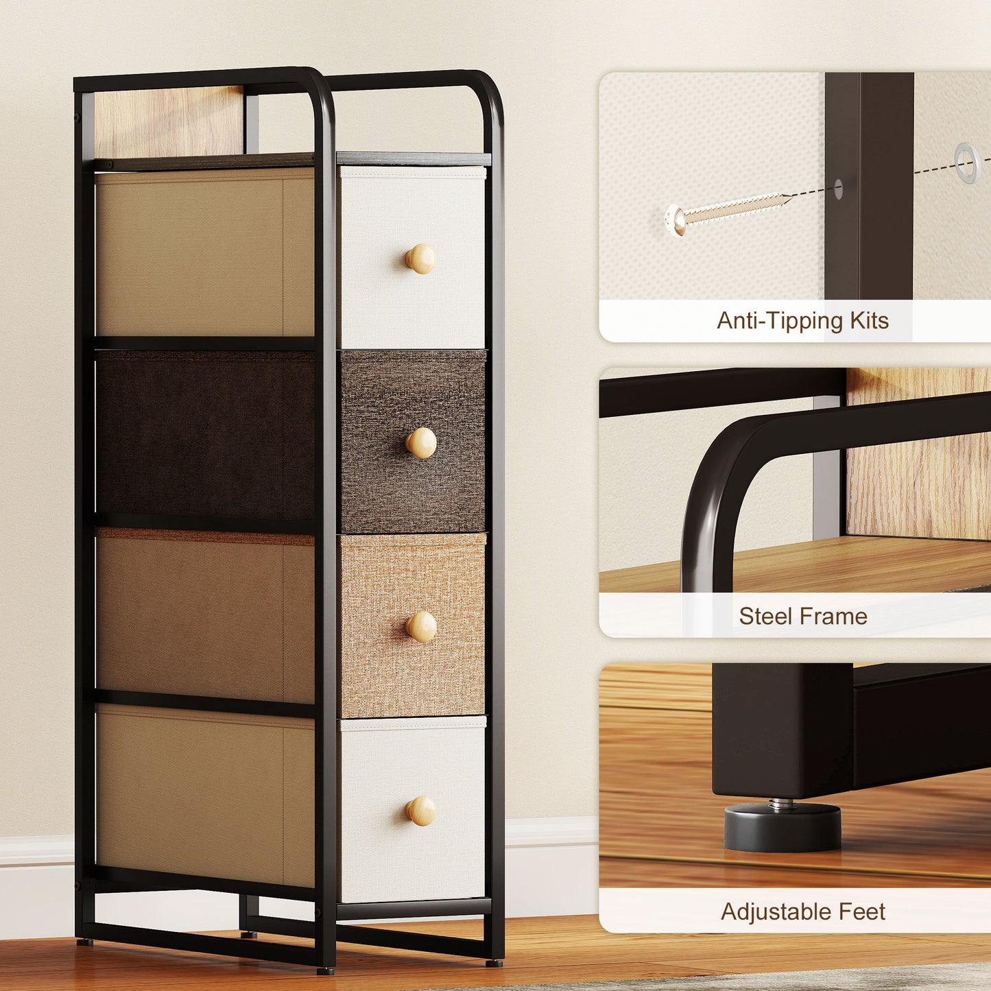 4-Drawer Storage Organiser Unit, Chest of Drawers with Steel Frame for Bedroom, Living Room, Mixed-Brown