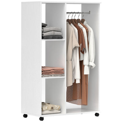 Open Wardrobe on Wheels, Bedroom Wardrobe with Clothes Hanging Rail, 3 Storage Shelves, Mobile Garment Rack for Cloakroom
