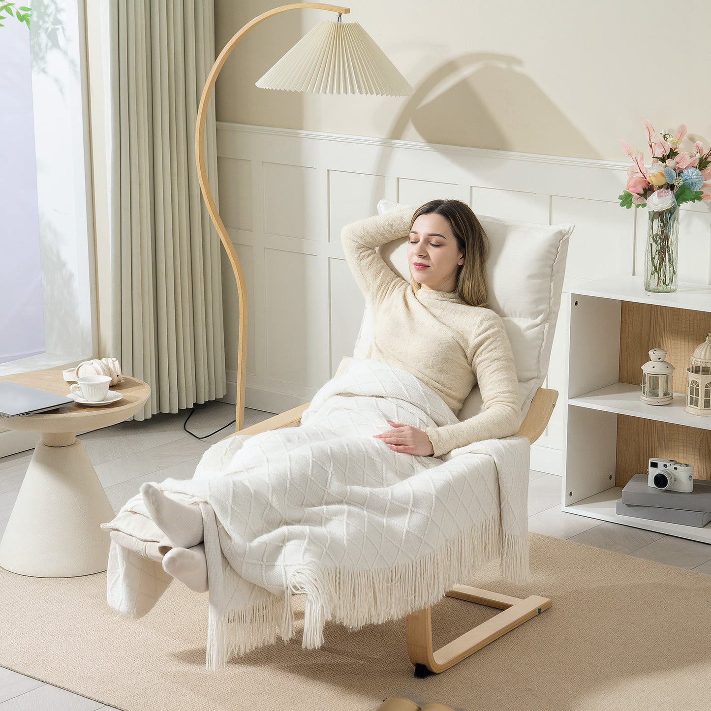 Curved Wooden Accent Chair, with Adjustable Footrest - Cream White