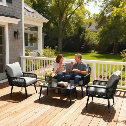 Rattan Garden Furniture Set, 4 Piece Outdoor Patio Furniture with Tempered Glass Table and Chairs