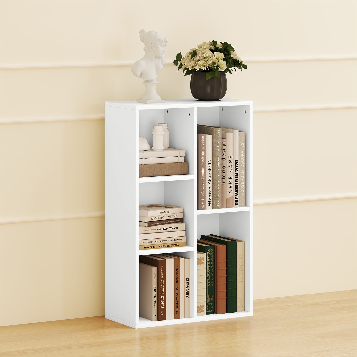 2-Tier Bookshelf with 5 Compartments - White