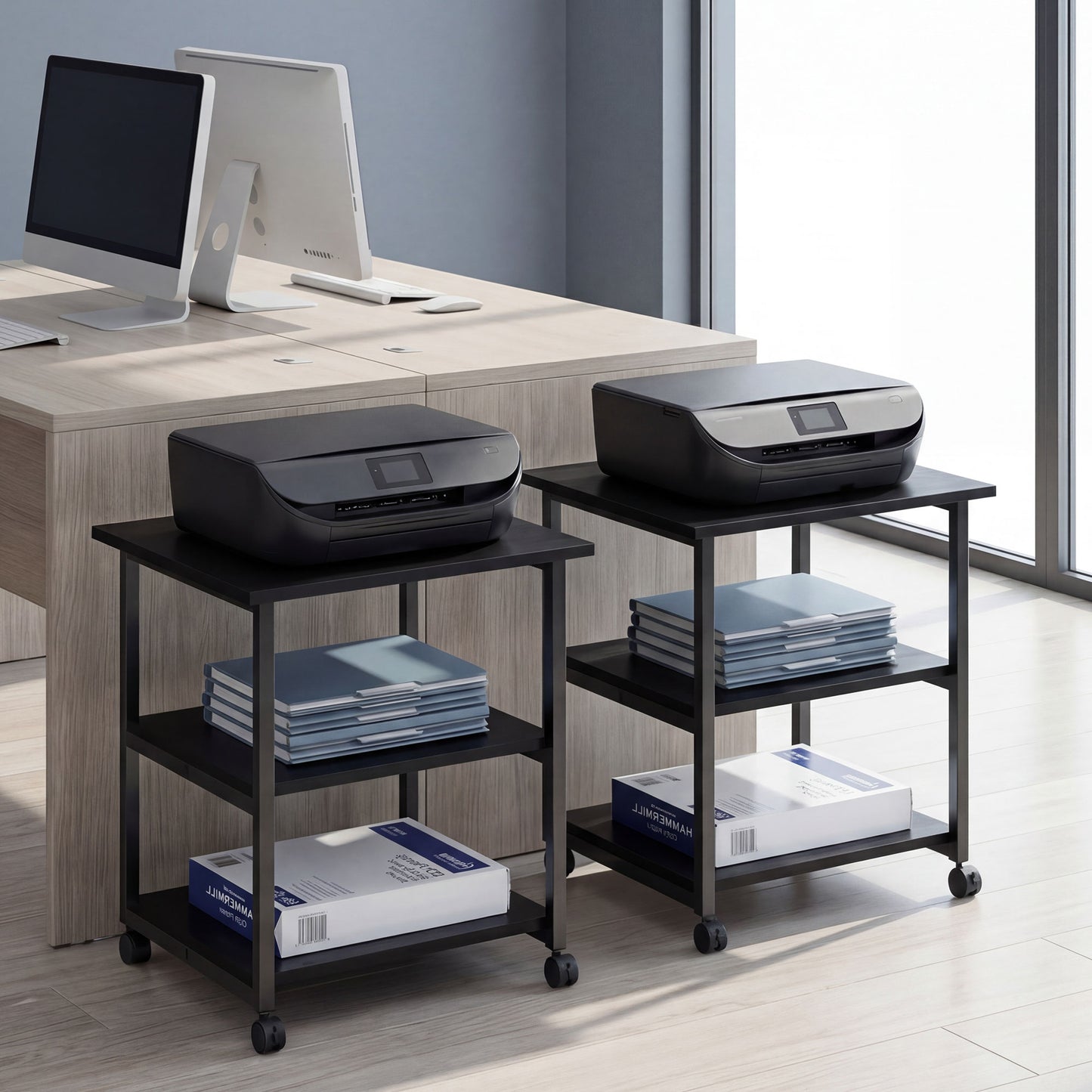 Three-Tier Steel Printer Stand, with Wheels - Black
