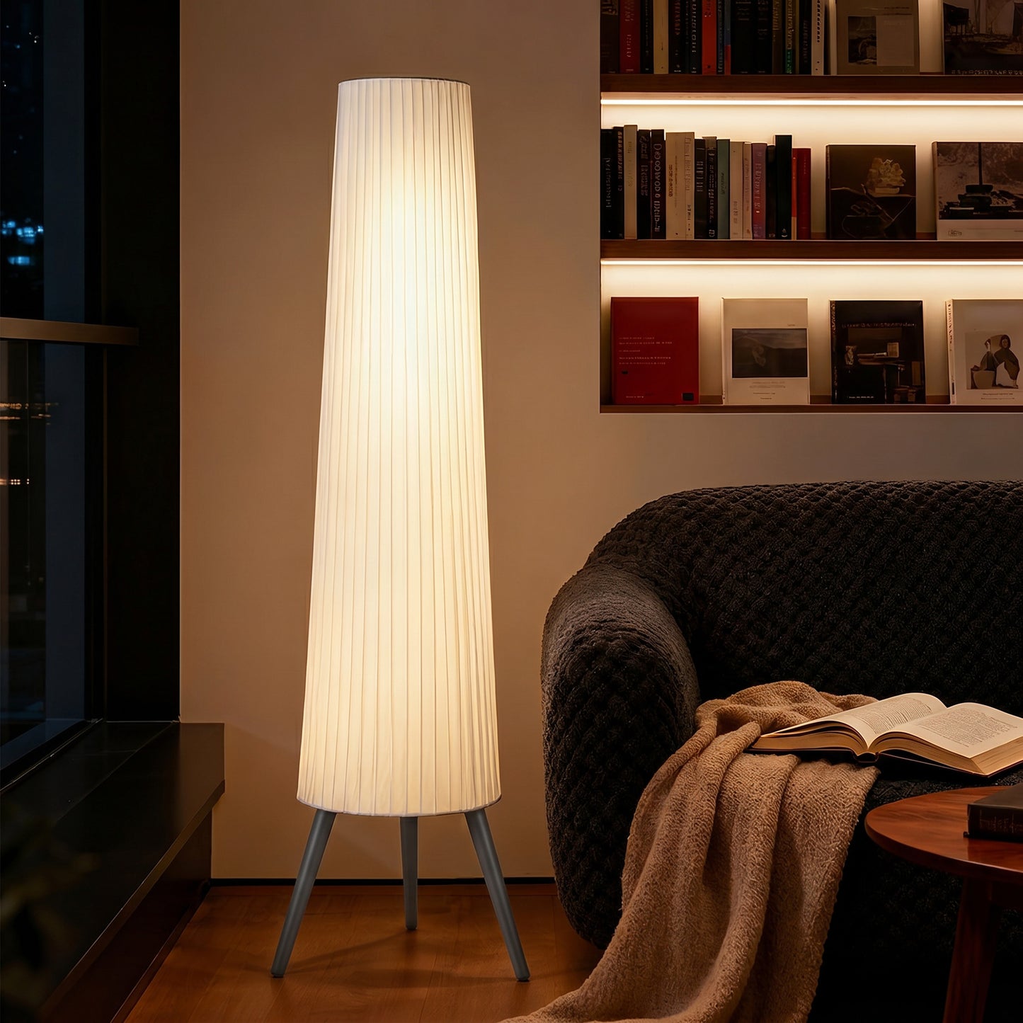 Dimmable Tripod Floor Lamp with Foot Switch, Nordic Standing Lamp with Fabric Shade, 153cm, White and Grey