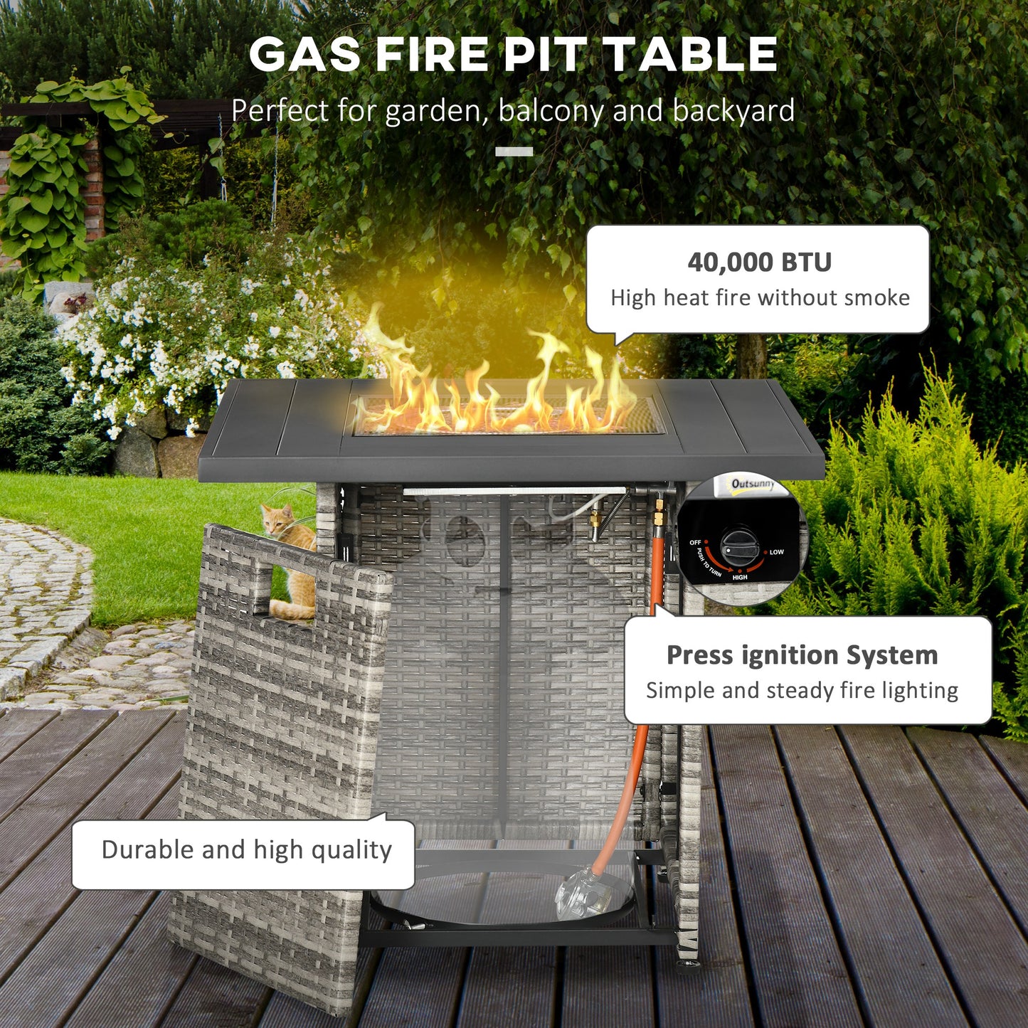 Outdoor PE Rattan Gas Fire Pit Table, Patio Square Propane Heater with Rain Cover, Mesh Lid and Lava Stone, 40,000 BTU
