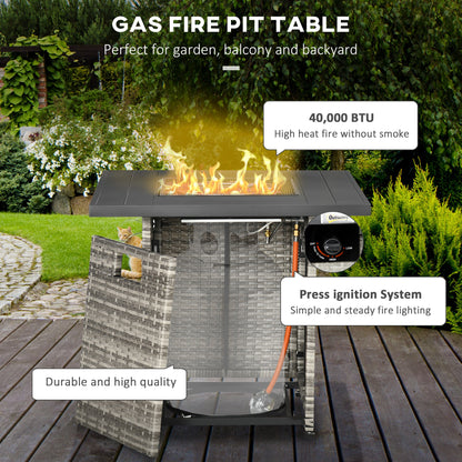 Outdoor PE Rattan Gas Fire Pit Table, Patio Square Propane Heater with Rain Cover, Mesh Lid and Lava Stone, 40,000 BTU