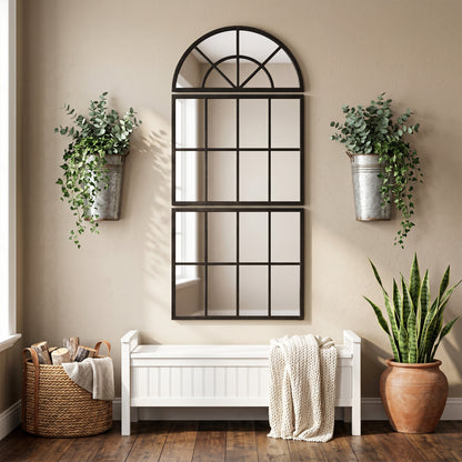 Large Arched Wall Mirror with Metal Grid, 3-Piece Split Window Mirrors, 120 x 54 cm, Black