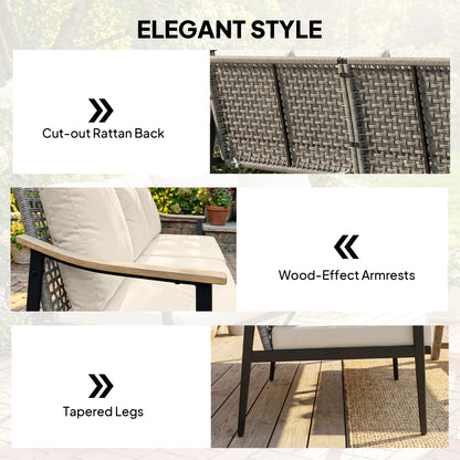 3 Seater Rattan Sofa, Outdoor Garden Sofa with Wood-Effect Armrests, Cushions for Patio, Balcony, Khaki