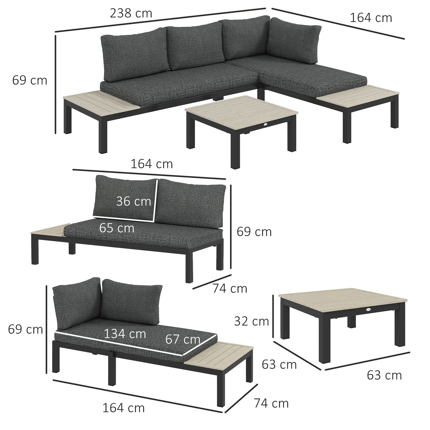 3 Pieces Garden Furniture Set, Aluminium 4 Seater Corner Sofa Set with 2 Loveseats, Coffee Table and Side Trays