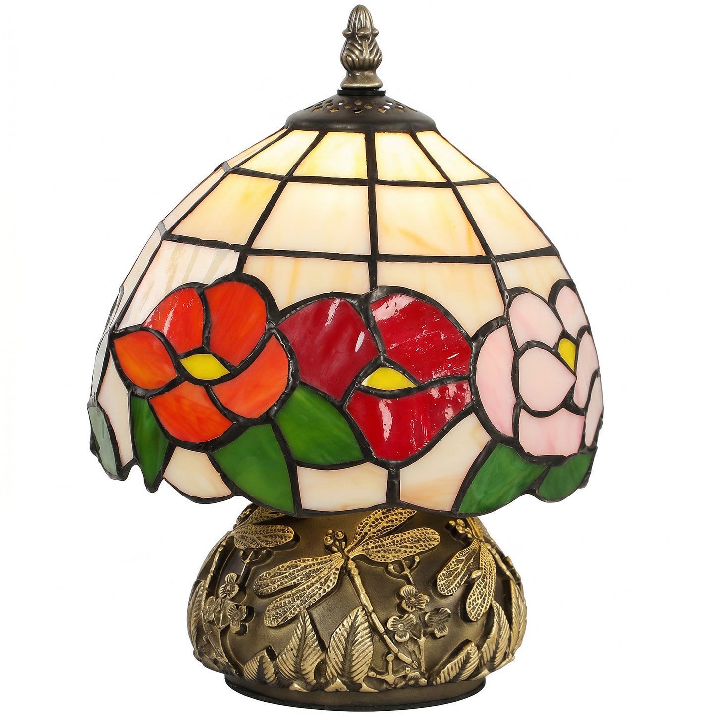 Handcrafted Classic Stained Glass Bedside Lamp, Tiffany-Style Table Lamp with Sculpted Dragonfly Base, Multi-Coloured