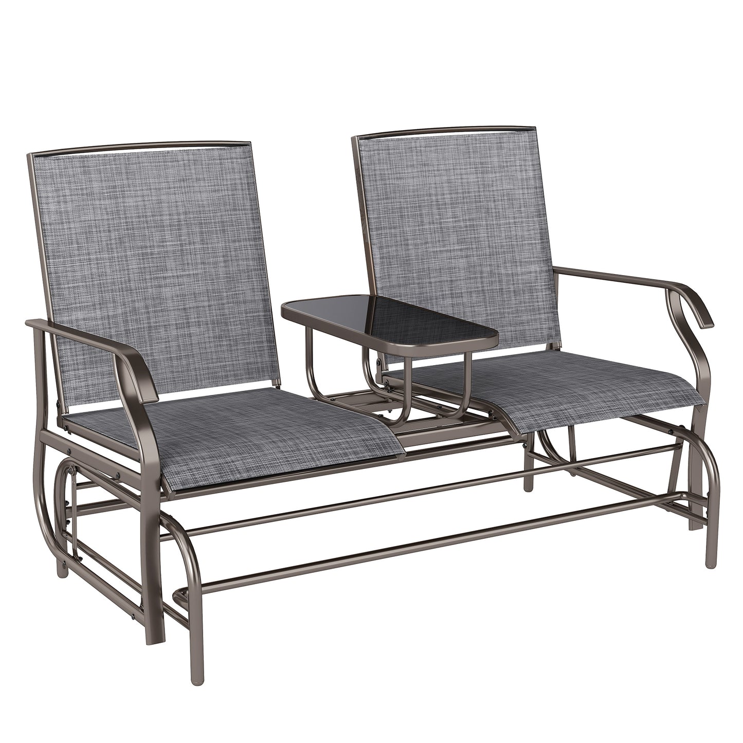 2 Seats Garden Glider Bench, Metal Frame Loveseat with Glass Top Centre Table, Porch Rocking Glider for 2 Person, for Deck