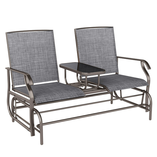 2 Seats Garden Glider Bench, Metal Frame Loveseat with Glass Top Centre Table, Porch Rocking Glider for 2 Person, for Deck