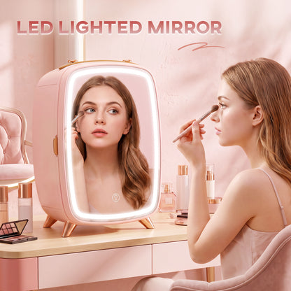 Skincare Refrigerator, 6L Mini Cosmetic Fridge with LED Mirror, Cooling Function for Bedroom, Skincare, Office, Pink