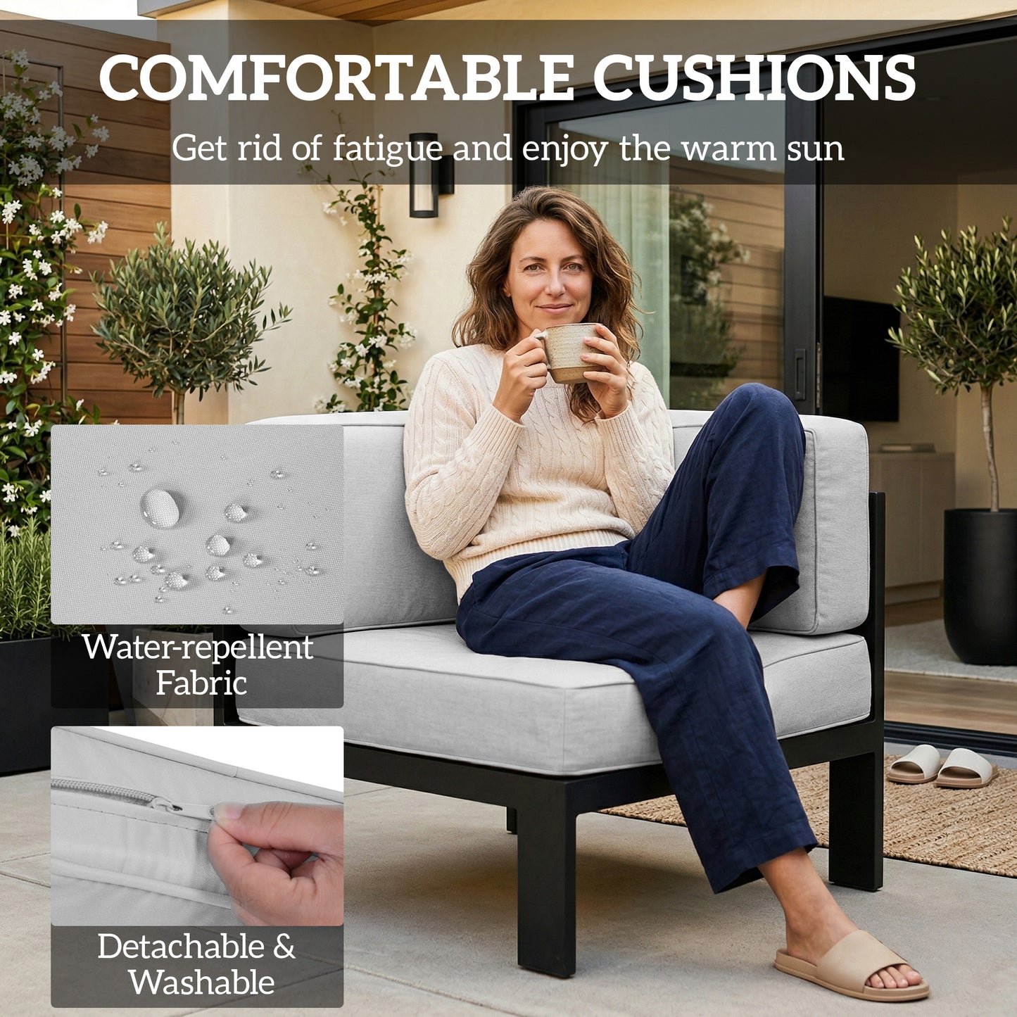 5-Piece Garden Corner Sofa Set with Cushions, 6 Seater Aluminium Garden Furniture Set with Coffee Table, Light Grey
