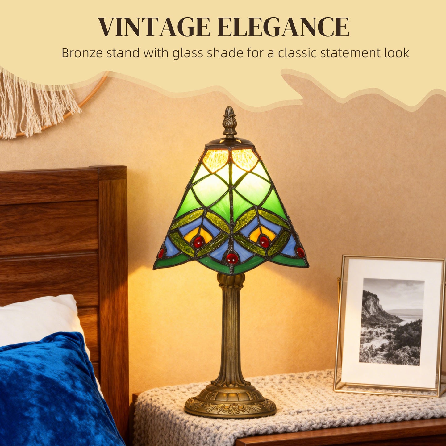 Tiffany-Style Table Lamp with Geometric Patterns, Handcrafted Antique Stained Glass Bedside Lamp for Living Room and Bedroom