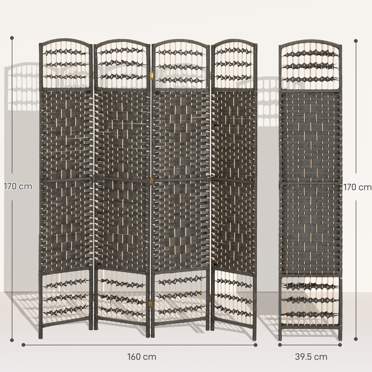 4 Panel Folding Privacy Screen, Room Divider with Pine Wood Frame for Living Room and Office, Dark Grey