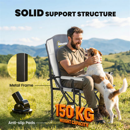 Padded Camping Chair Adults Heavy Duty Folding Chair Side Pocket Cup Holder Carry Bag Outdoor Light Grey