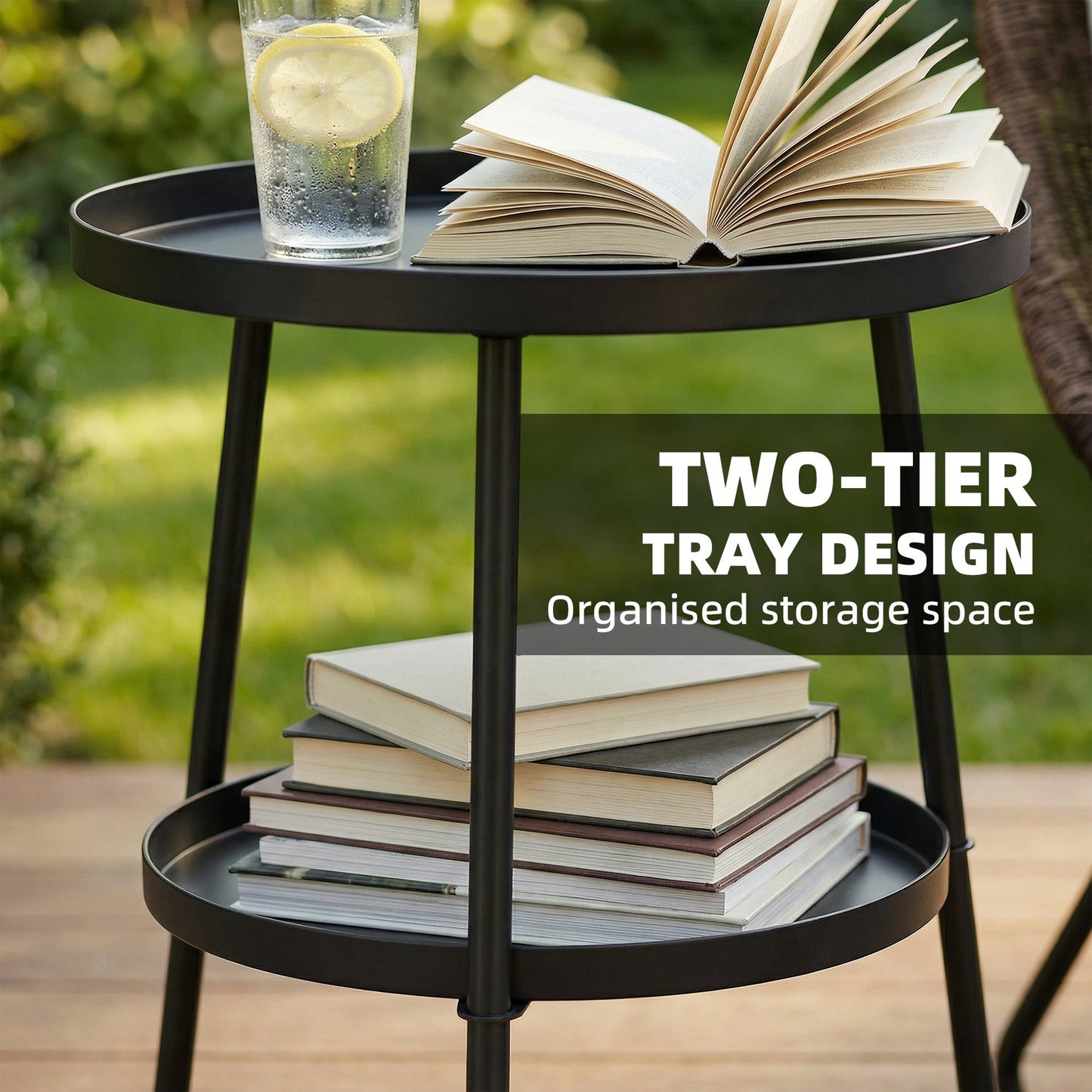 Patio Side Table, 2-Tier Round Coffee End Table for Garden Balcony Living Room Bedroom, Black