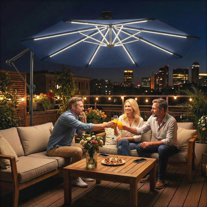 3 m Garden Cantilever Parasol with LED Solar Light, Round Overhanging Umbrella with 360° Rotation, Cover, Navy Blue