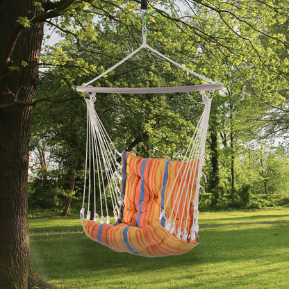 Outdoor Hanging Rope Chair with Soft Padded Seat & Backrest, Garden Hammock Chair with Wooden Support Bar Cotton Cloth