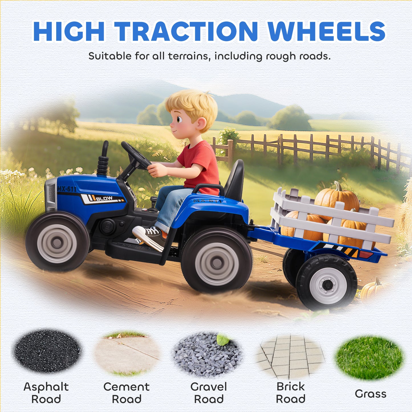 Ride On Tractor, Battery Powered Electric Car, with Detachable Trailer, Remote Control, Music, Blue