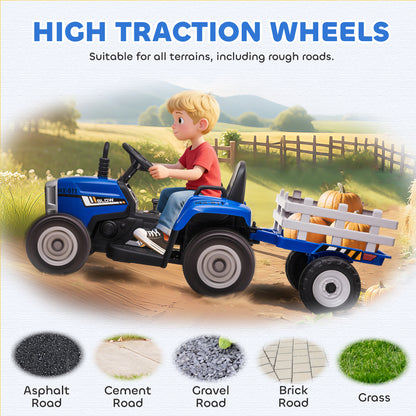 Ride On Tractor, Battery Powered Electric Car, with Detachable Trailer, Remote Control, Music, Blue
