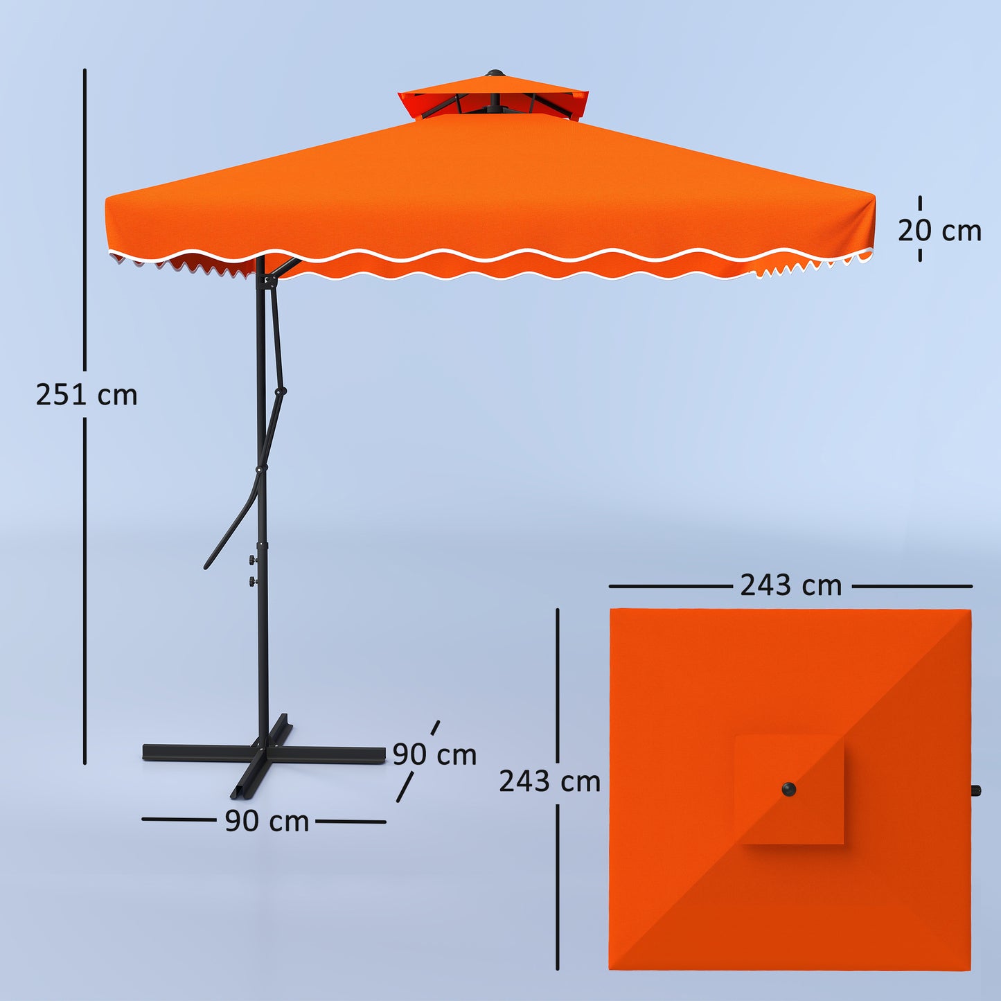 2.5m Cantilever Parasol with Easy Lever, Square Double Top Garden Parasol Umbrella with Ruffles and Cross Base