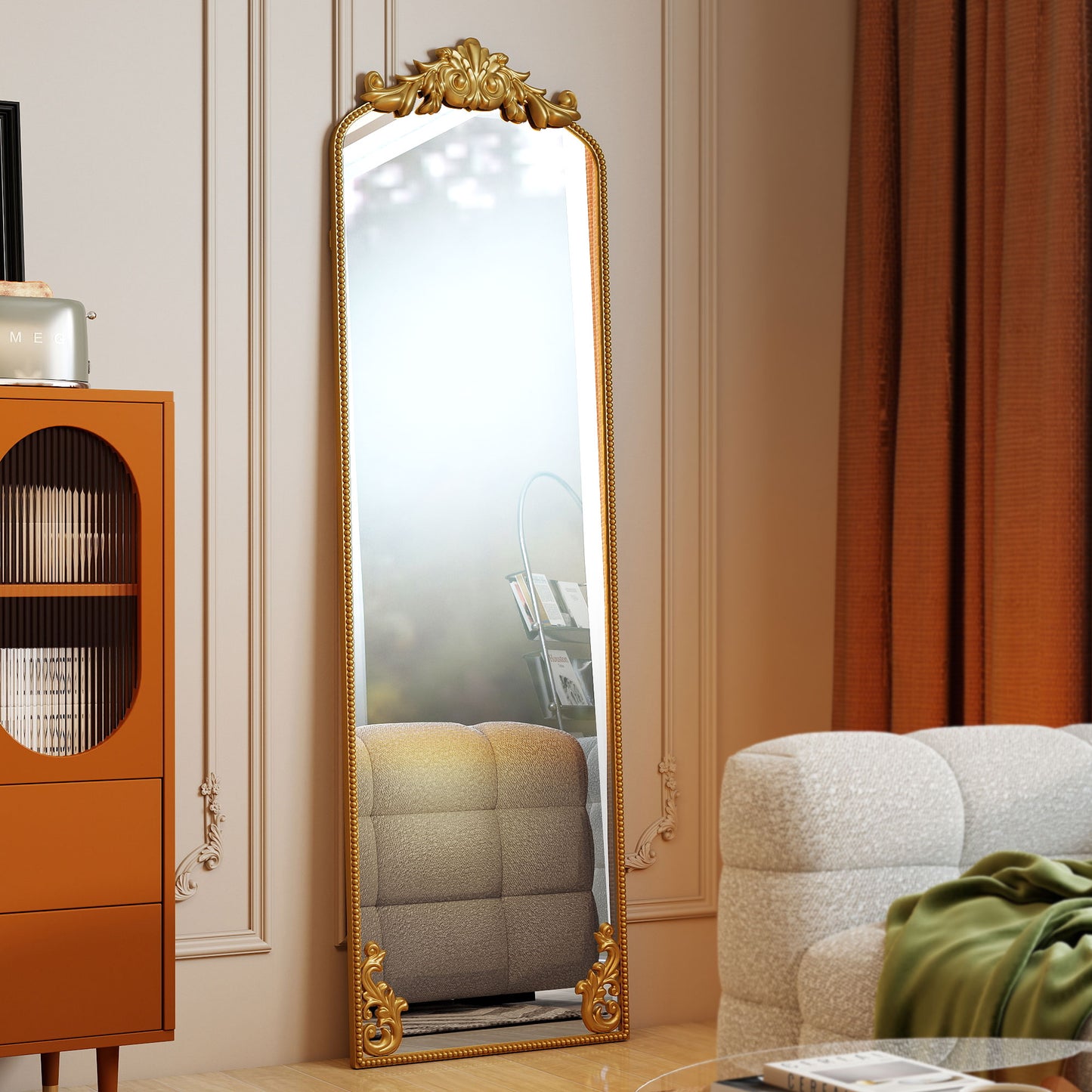 Full Length Mirror, 50 x 160 cm Floor Mirror with Baroque Metal Frame for Bedroom, Living Room, Dressing Room, Gold Tone