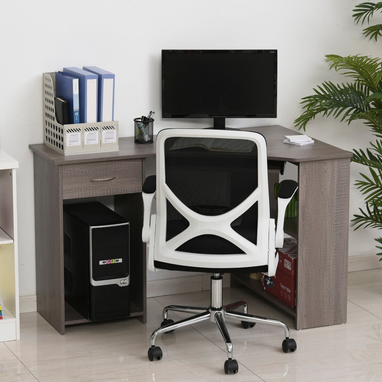 L-Shaped Corner Computer Desk w/ 2 Shelves Wide Worktop Keyboard Tray Drawer & CPU Stand Home Office Study Bedroom Furniture
