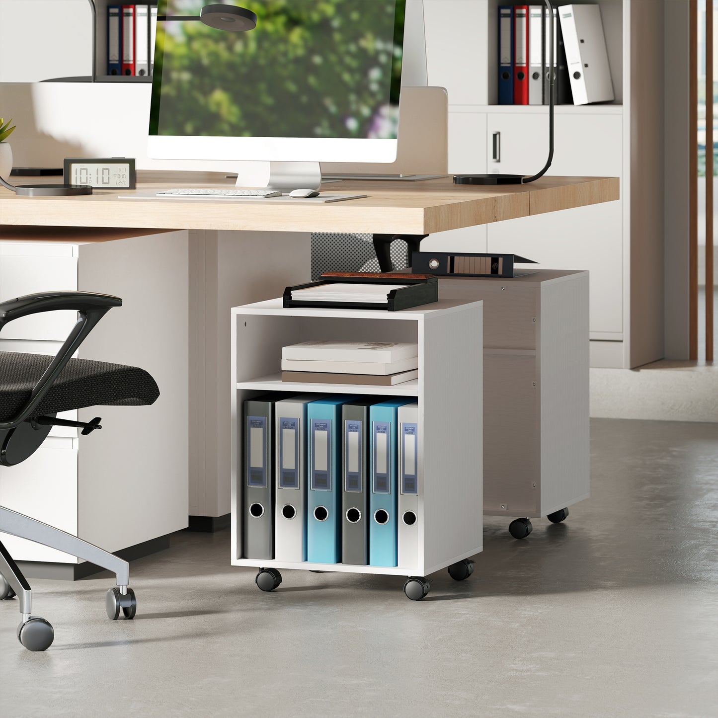 2-Tier Printer Stand with Storage, Under Desk Printer Cart on Wheels, White