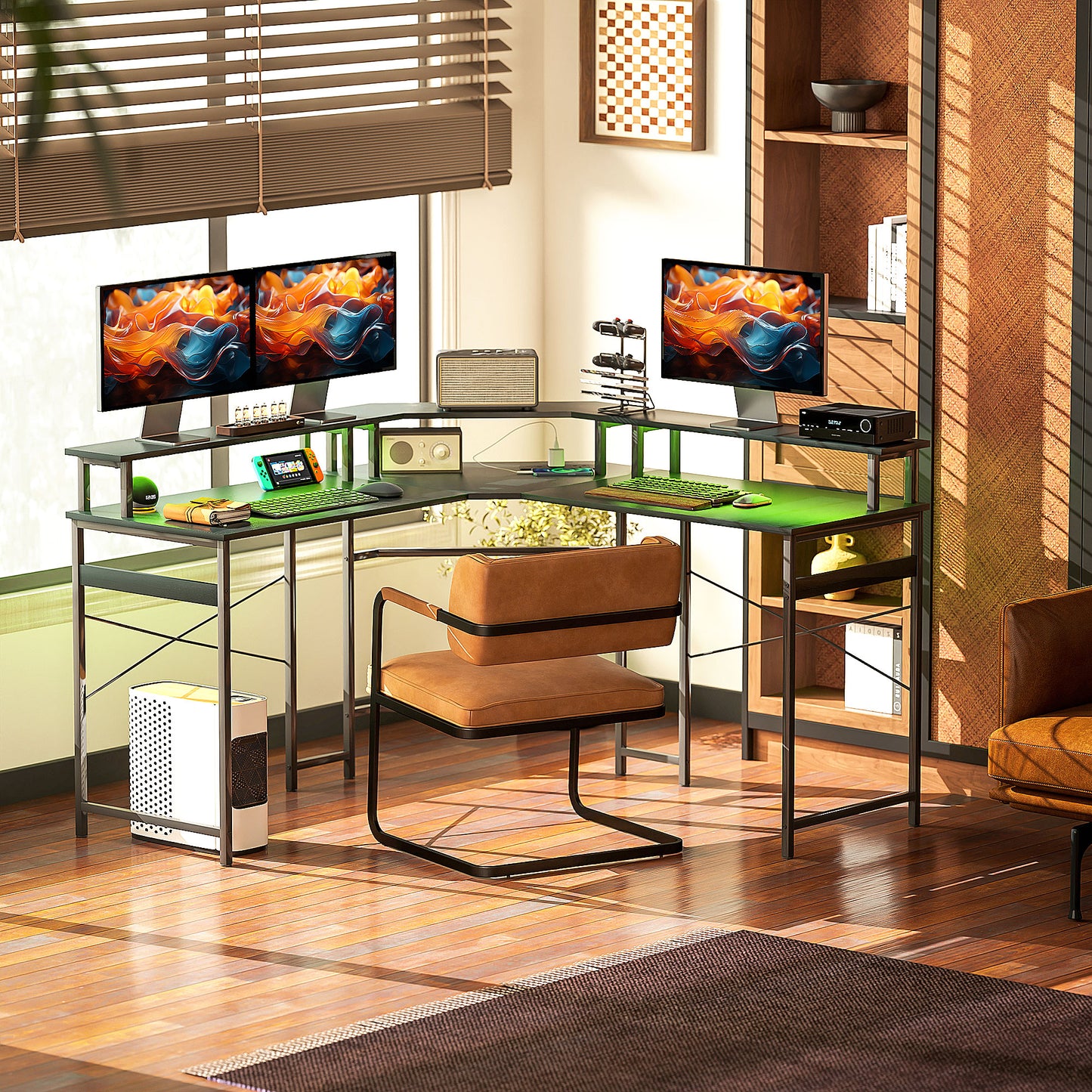 'L' Shaped Work Desk, with LED Lights - Black
