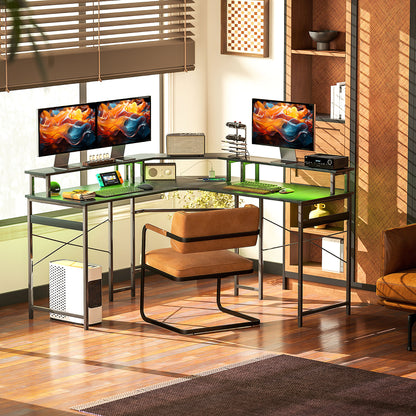 'L' Shaped Work Desk, with LED Lights - Black
