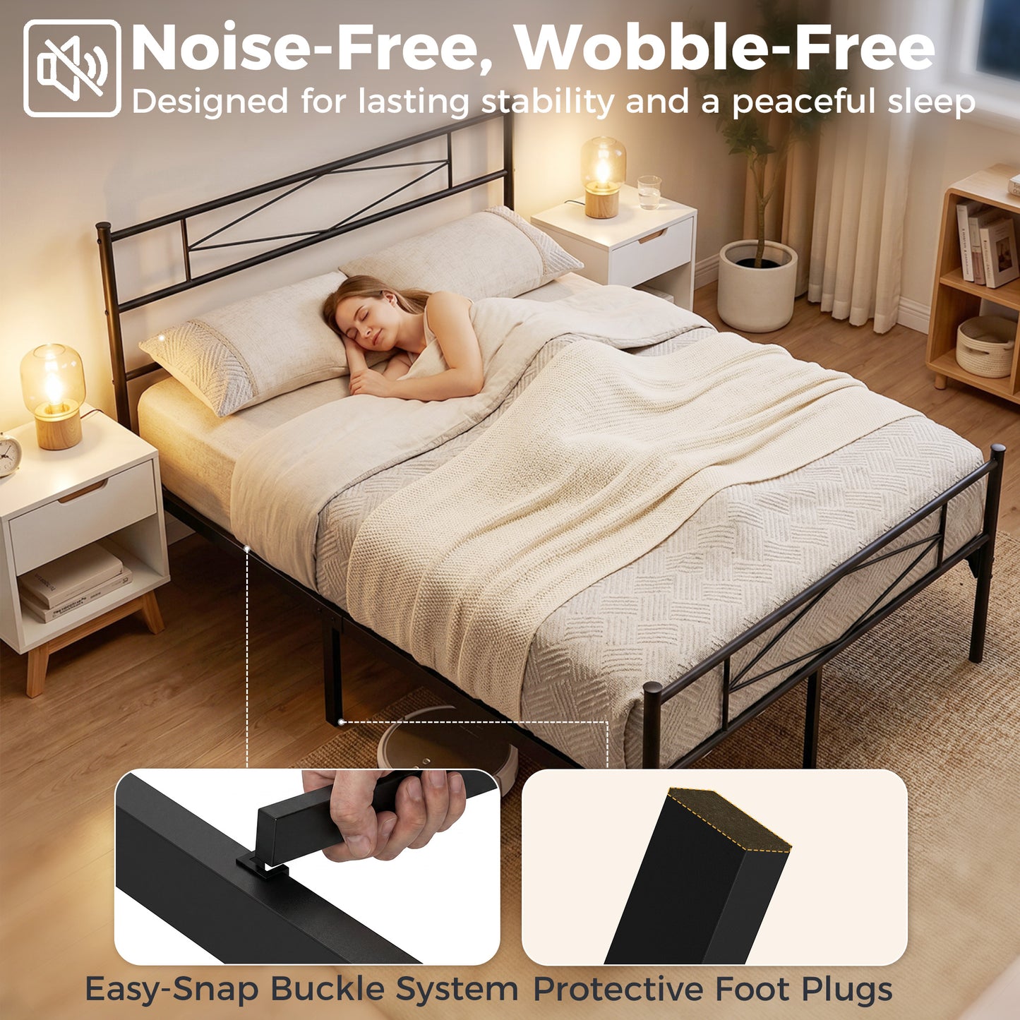 4ft6 Double Bed Frame with Headboard and Footboard, Metal Platform Bed Frame with 32 cm Underbed Storage, Black