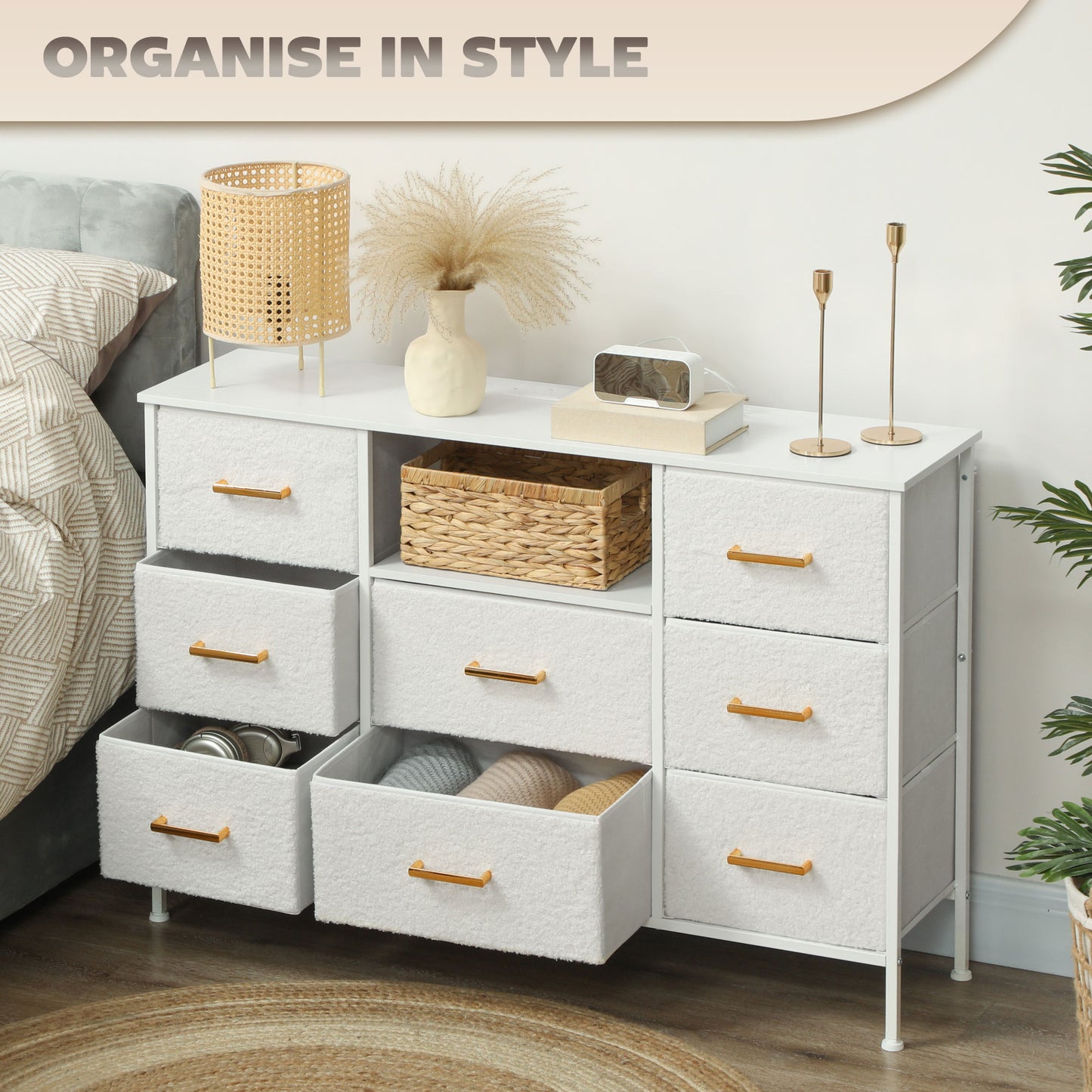 Boucle Chest of Drawers, 8 Fabric Drawers Storage Organiser with Charging Station, 2 USB and 2 AC Ports, Steel Frame