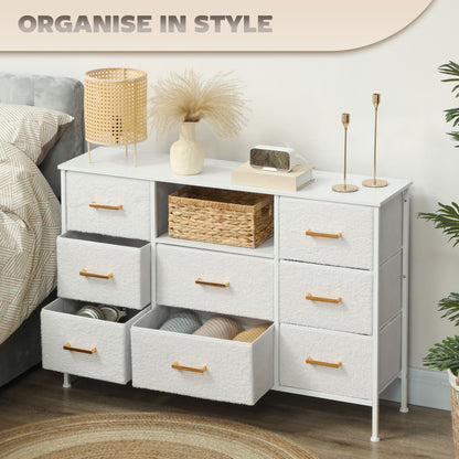 Boucle Chest of Drawers, 8 Fabric Drawers Storage Organiser with Charging Station, 2 USB and 2 AC Ports, Steel Frame