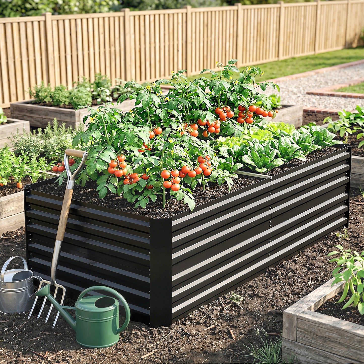 Raised Beds for Garden, Galvanised Steel Outdoor Planters with Multi-reinforced Rods, 180 x 90 x 59 cm, Black