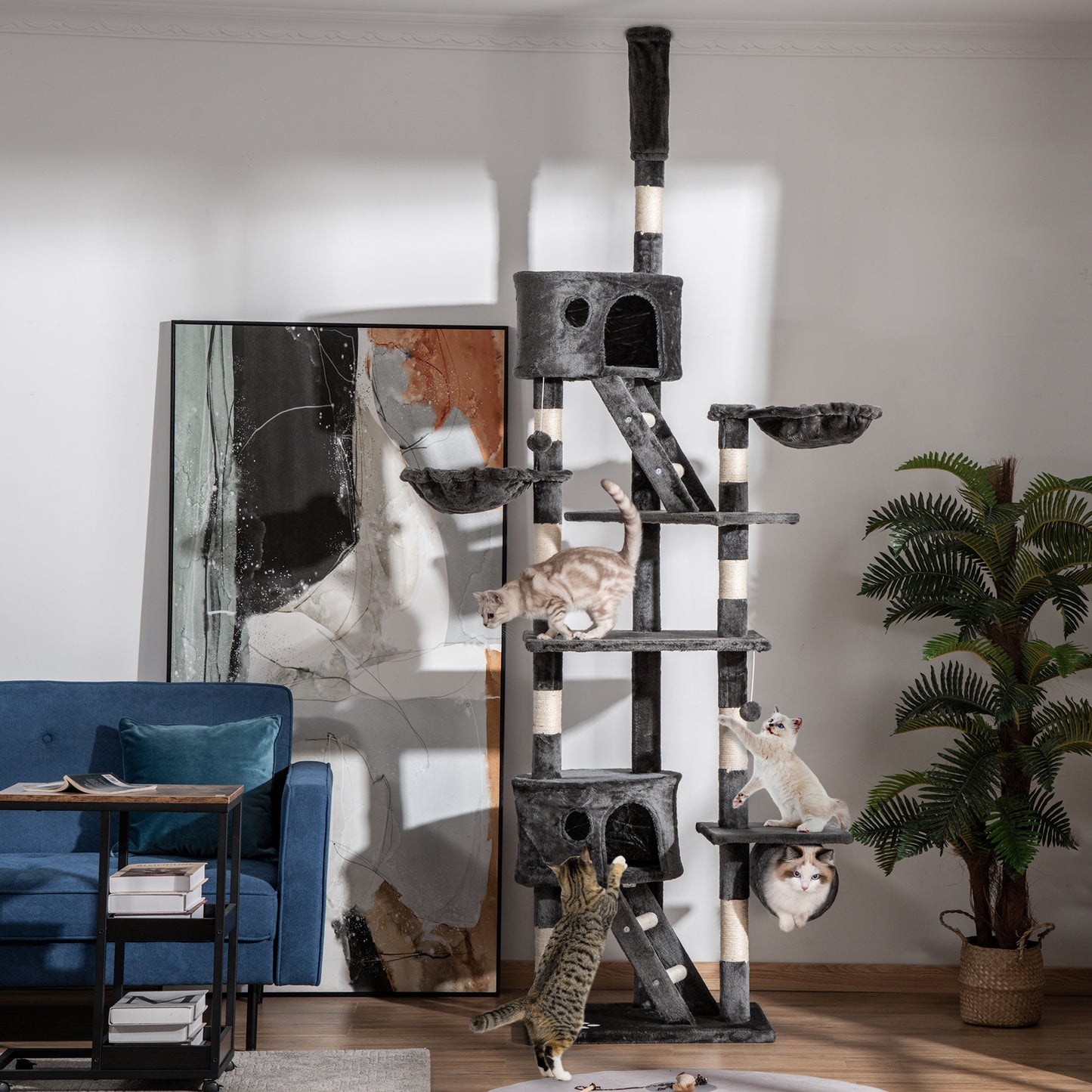 Floor-to-Ceiling Cat Tree for Indoor Cats, 240-260cm Adjustable Cat Tree - Dark Grey