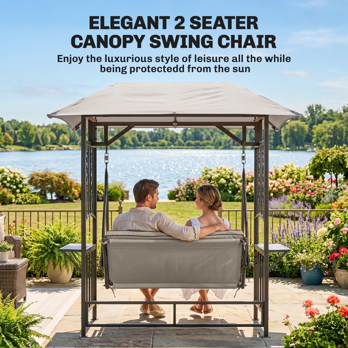Outdoor Garden 2 Seater Canopy Swing Chair Seat Porch Loveseat Vintage Hammock Cushioned Seat w/ Steel Frame and Side Drink P