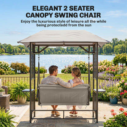 Outdoor Garden 2 Seater Canopy Swing Chair Seat Porch Loveseat Vintage Hammock Cushioned Seat w/ Steel Frame and Side Drink P