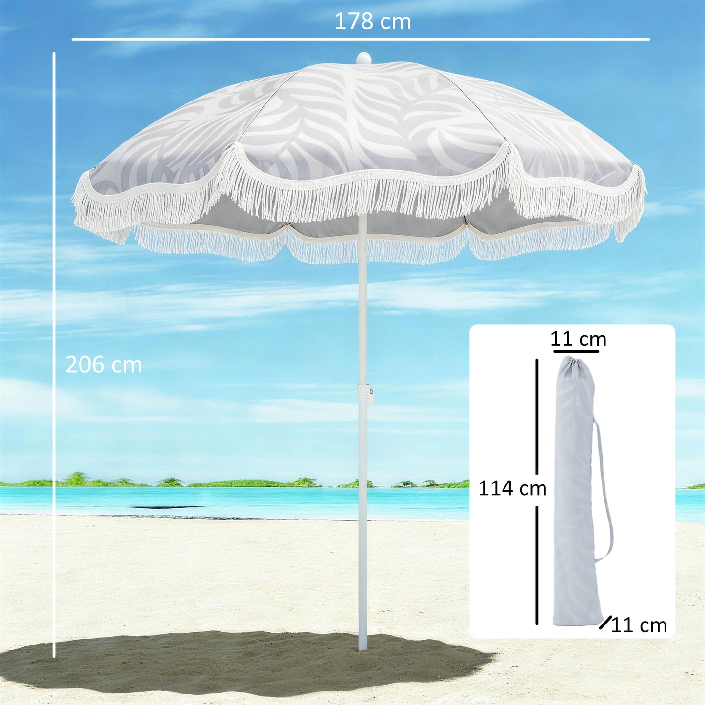 1.8 m Beach Umbrella Parasol with Sand Anchor, Portable Tilting Garden Parasol with Adjustable Height, Light Grey